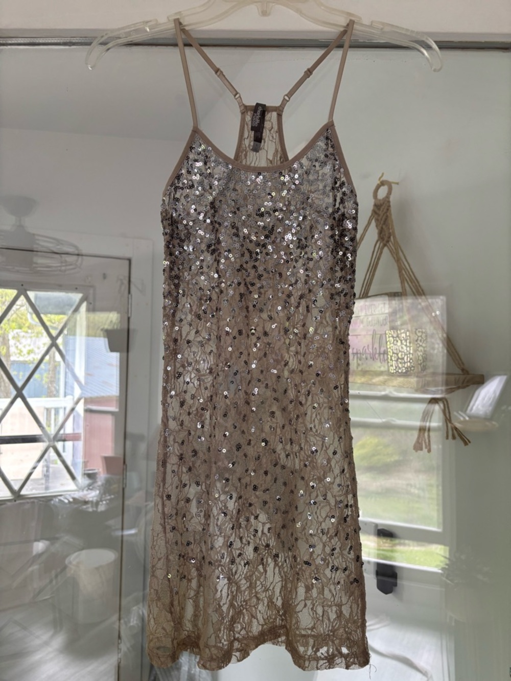 Charlotte Russe Taupe Sequin Lace Tank